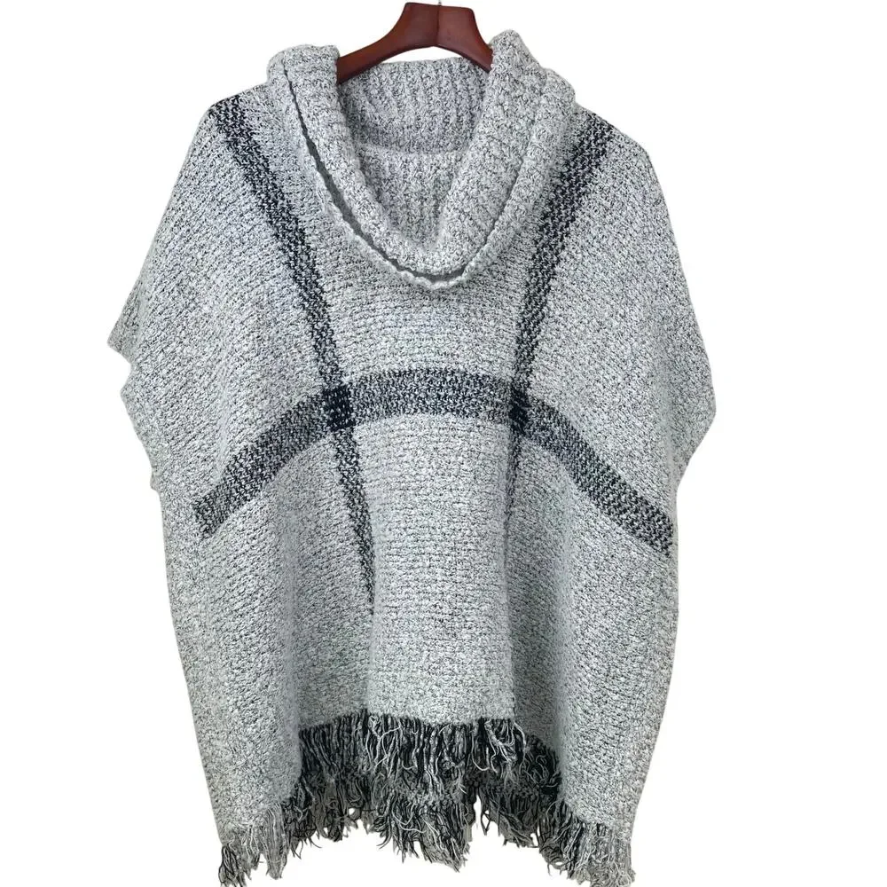 Womens Poncho OS Mohair Thick Cozy Chunky Cowl Neck Fringe‎ Oversized Minimalist